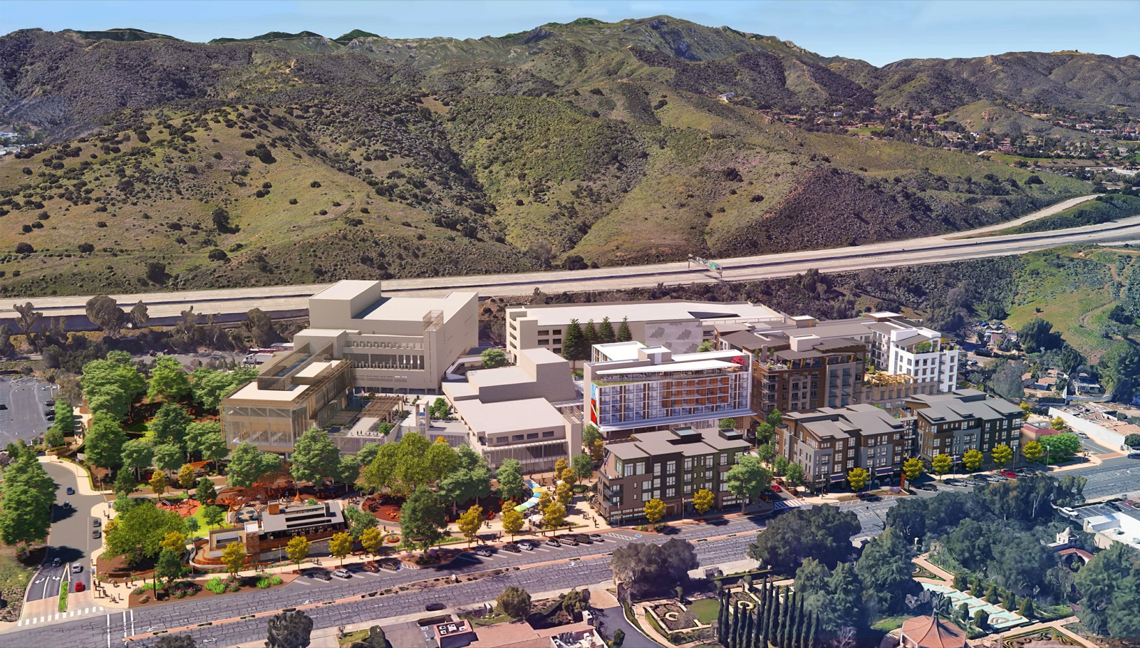 Official aerial rendering of the current Downtown Thousand Oaks proposal showing the full site and building massing