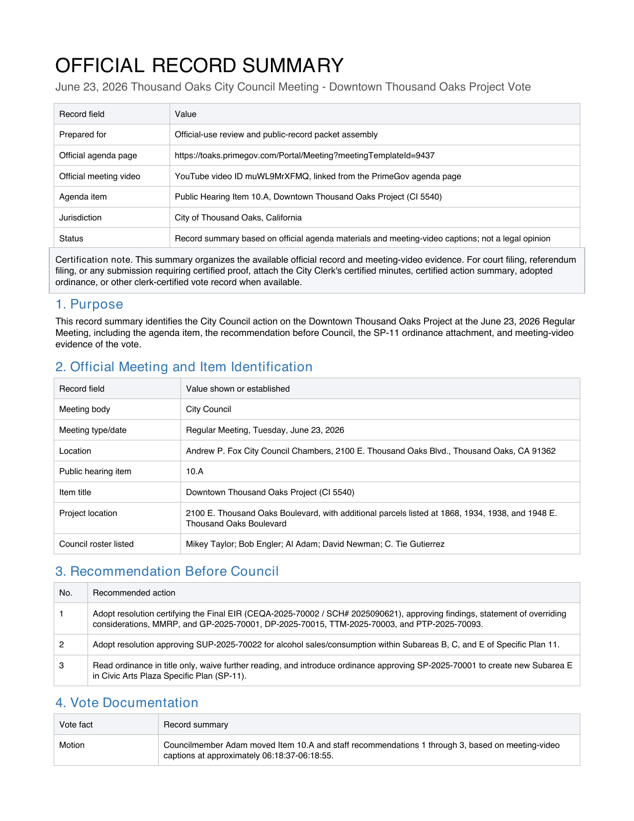 Official record summary page for the June 23, 2026 Thousand Oaks City Council meeting